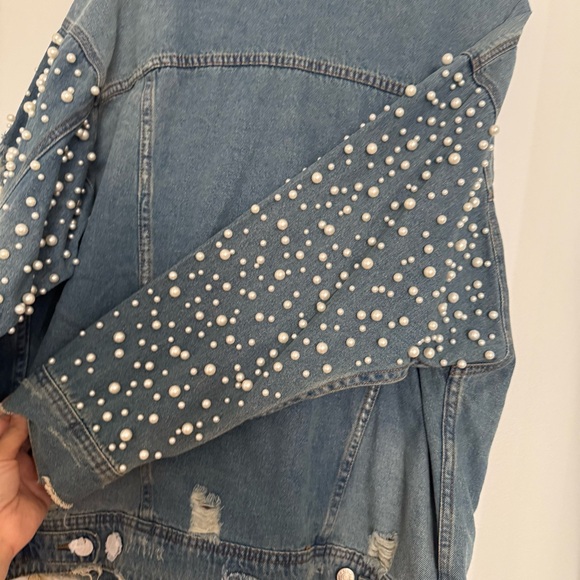 Women's Blue Pearl Embellished Jean Jacket - Picture 4 of 12